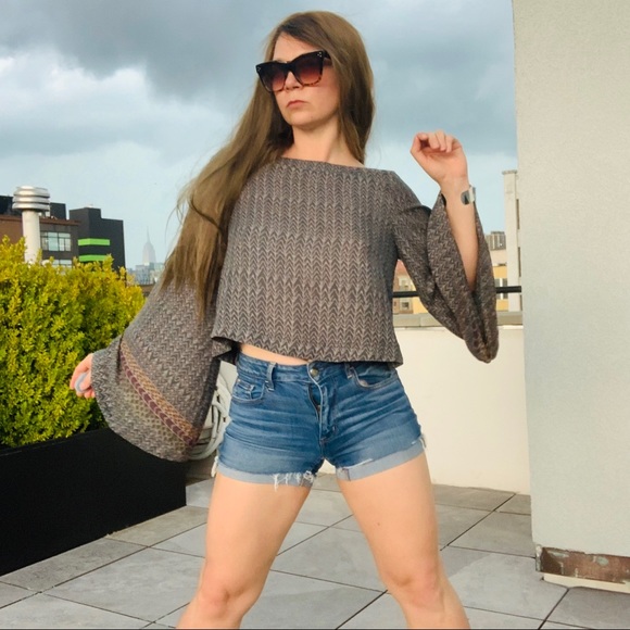 Free People Geometric Abstract Chevron Boatneck Statement Flare Bell Sleeve Top - Picture 14 of 16